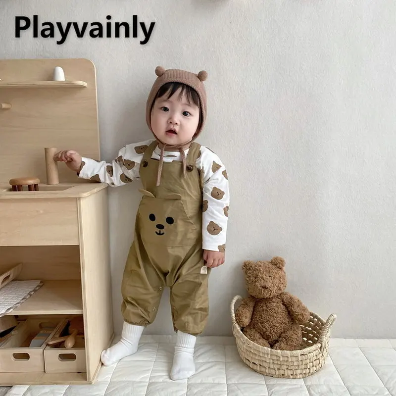 

Spring New Baby Girl Sets Cartoon Bear Long Sleeve T-shirt+ Suspenders Pants 2pcs Suit Newborn Clothes E6591