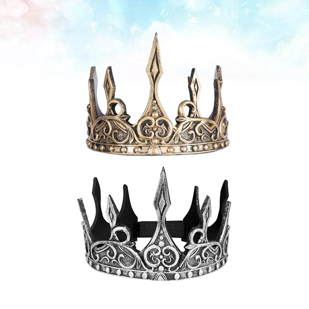 

2pcs Royal Medieval Crown Headband PU Crown Mens Crown Cosplay Headdress Party Decor (Golden+Silver)