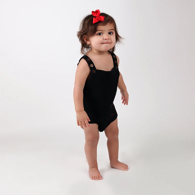 

Baby romper black ribbed with buttons baby sleeveless baby boys and girls clothes red pocket stitching baby overalls clothing