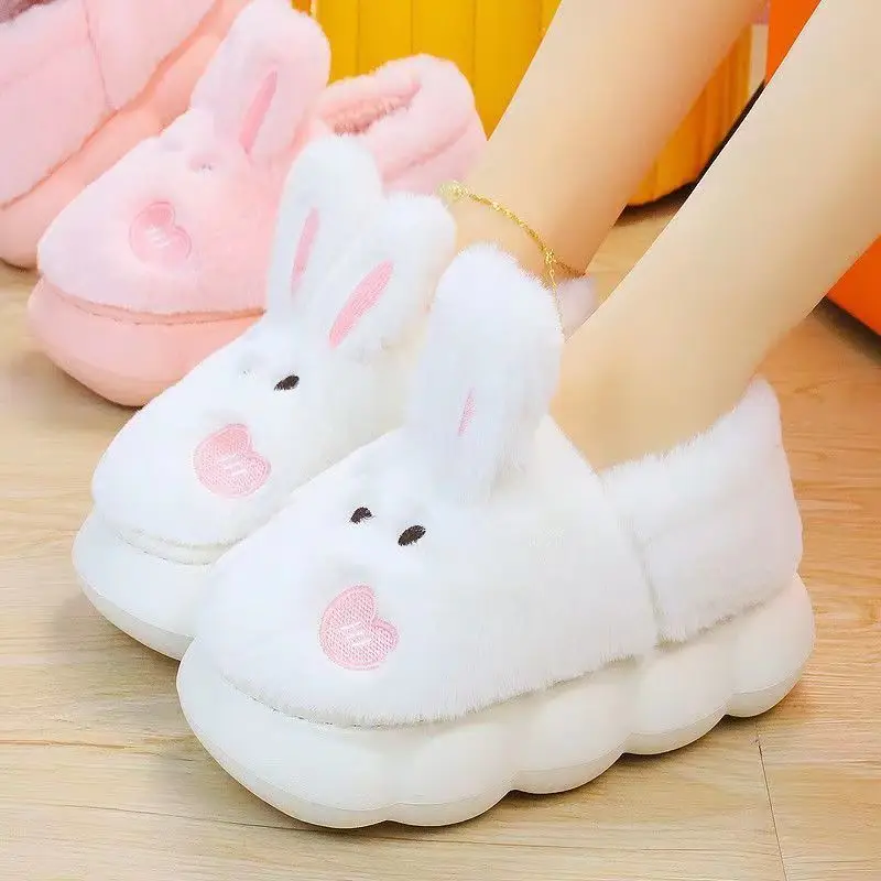 Fashion Girls Kawaii Bunny Slippers with Ears High Platform Small Girl Increaing Height shoes Indoor Short Plush Warm Slippers 3