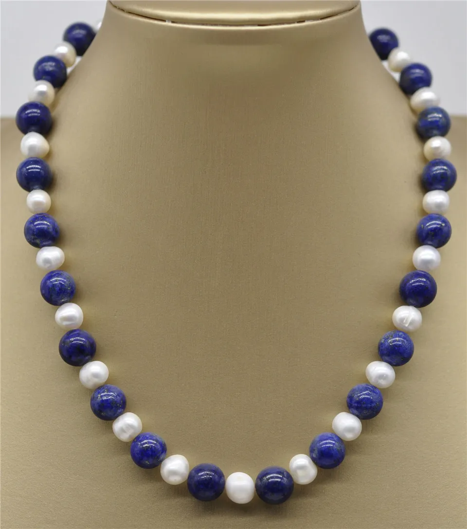 

HABITOO New Natural 7-8mm 10mm Egyptian Lapis Lazuli & Pearl Necklace 18'' Jewelry Chains Necklace for Woman Choker Chain