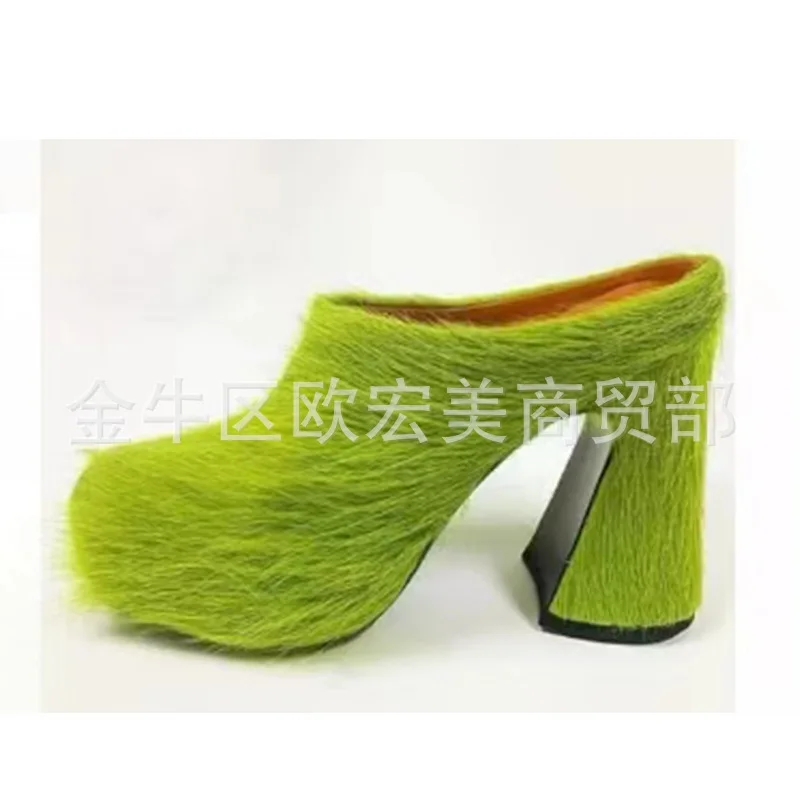 

2024 Baotou Horse Hair Thick Heel Waterproof Platform Slippers Muller Shoes Thick Sole Cake Shoes Large Size Slippers for Women