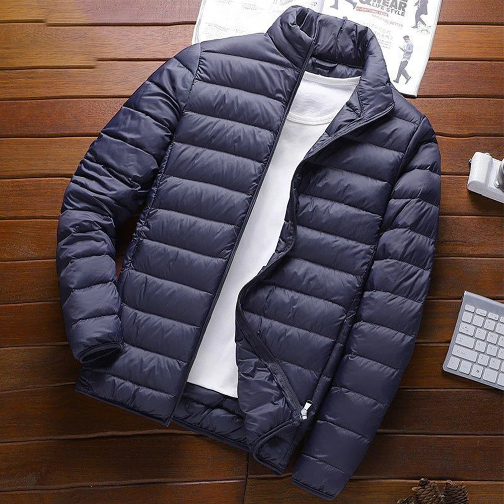 Fashion Men's Ultra Light Parkas Cotton Jacket Stand Collar Zip-up Solid Color Long Sleeve Parka Tops Coat Man Clothing