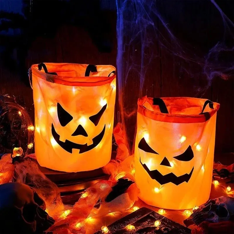 Orange Polyester Halloween Pumpkin Light Up Candy Tote Bag for Kids