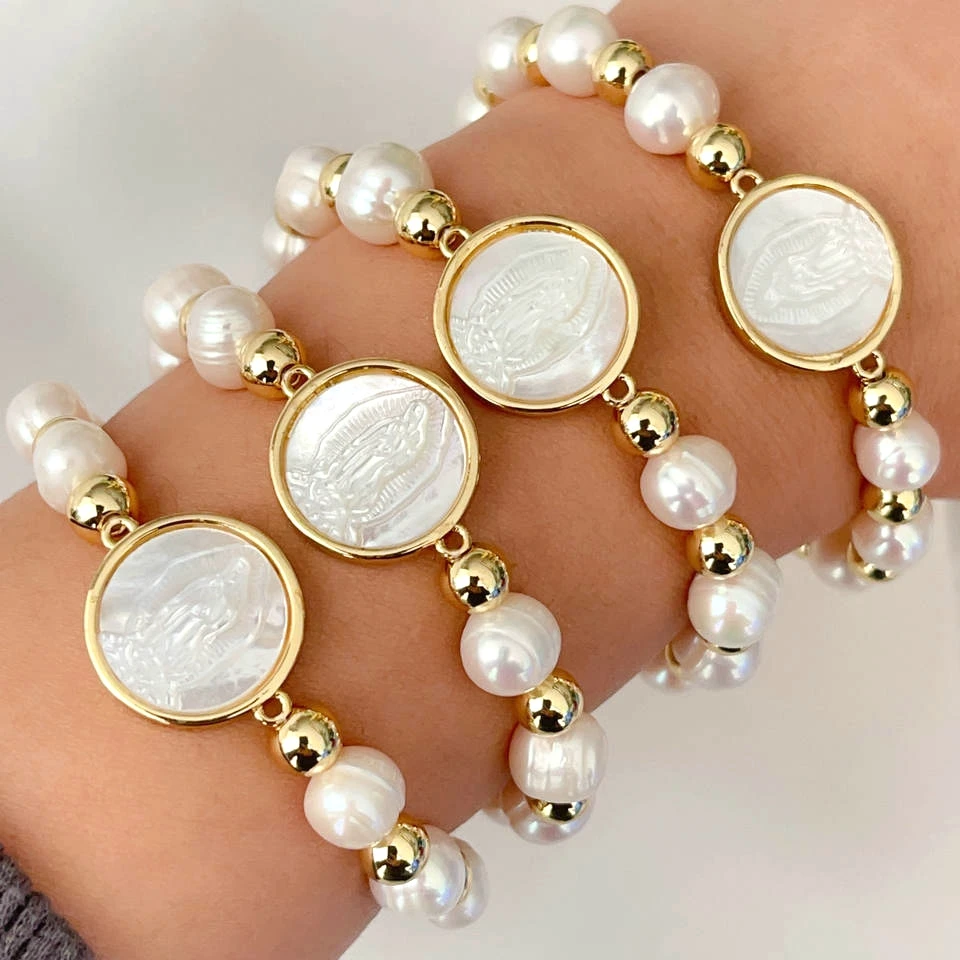 

5Pcs New Arrival Dainty Shell Virgin Mary Elastic Fresh Water Pearl Beaded Bracelet Popular Party Jewely For Women