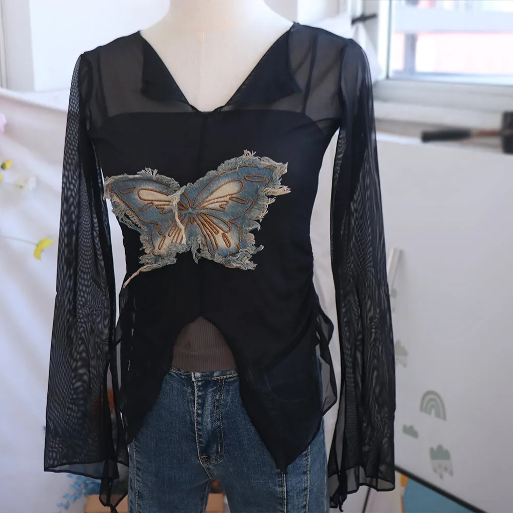 V-neck Mesh Sheer T Shirts American Retro Long Sleeves Butterfly Patchwork Tops Irregular Streetwear Shirts for Women