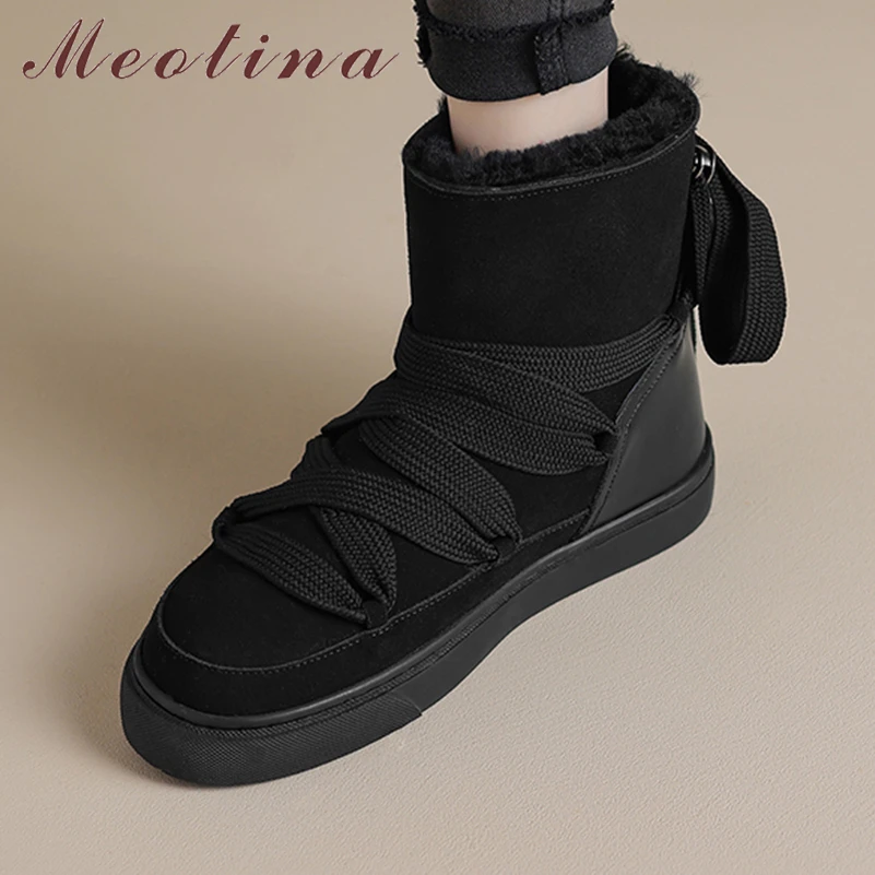 

Meotina Women Genuine Leather Ankle Short Boots Round Toe Flats Cross Strap Wool Snow Boots Ladies Fashion Shoes Winter Black 43
