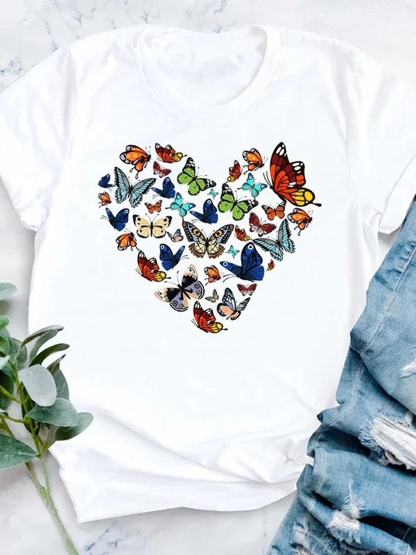

2024 individuality Valentine's Day female lover t-shirt vintage A love heart composed of various colorful butterflies print tee