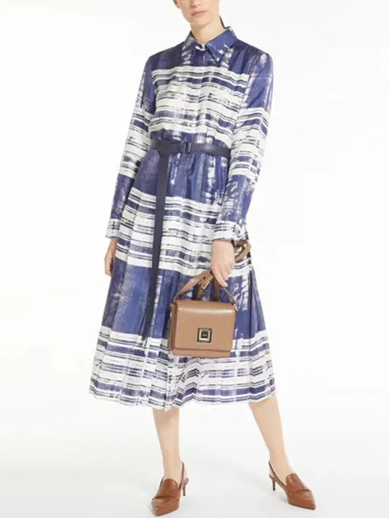 

Fashion 2023 Autumn New Women's Contrast Color Printed Stripes Dress with Belt Lady Covered Button Long Sleeve Silk Midi Dress