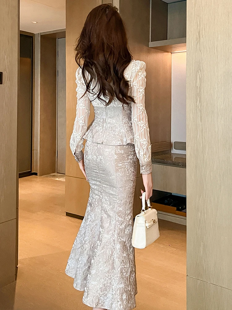 المشاهير نمط خمر 2 قطعة ملابس النساء رمادي الجاكار الكشكشة القمم بلوزة قميص طويل ذيل السمكة التنانير مجموعات سيدة حفلة موسيقية