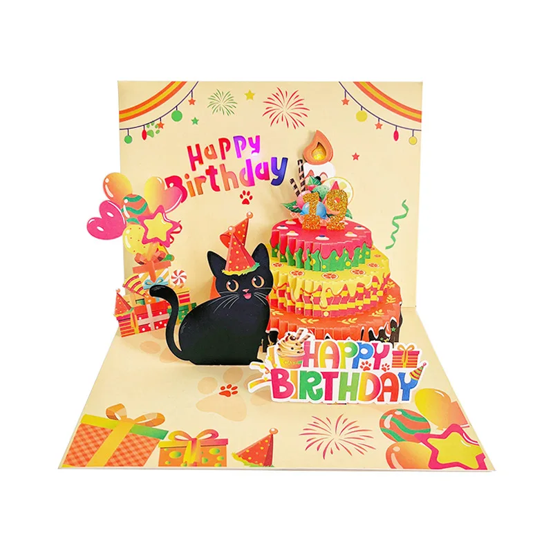 Birthday Cat 3D Creative Music Card Blowing Candles Lighting Music 3D Pop up Card greeting cards