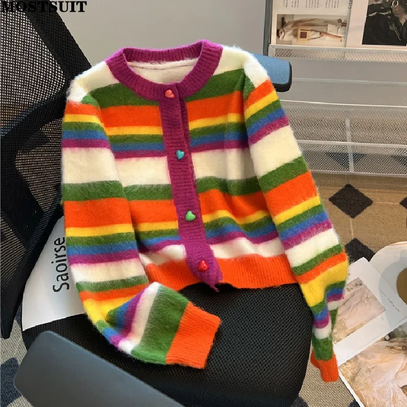 

Rainbow Striped Stylish Sweater Cardigan For Women Autumn Winter Long Sleeve O-neck Single-breasted Fashion Tops Jumpers 2023
