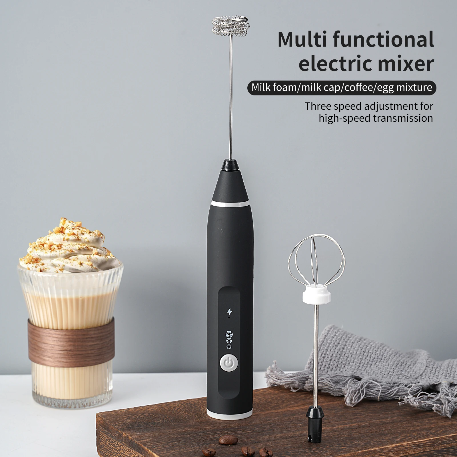 Handheld Egg Beater 3 Speeds Electric Milk Frother Foam Maker Mixer USB Rechargeable Coffee Drink Frothing Wand Foamer 1 PCS