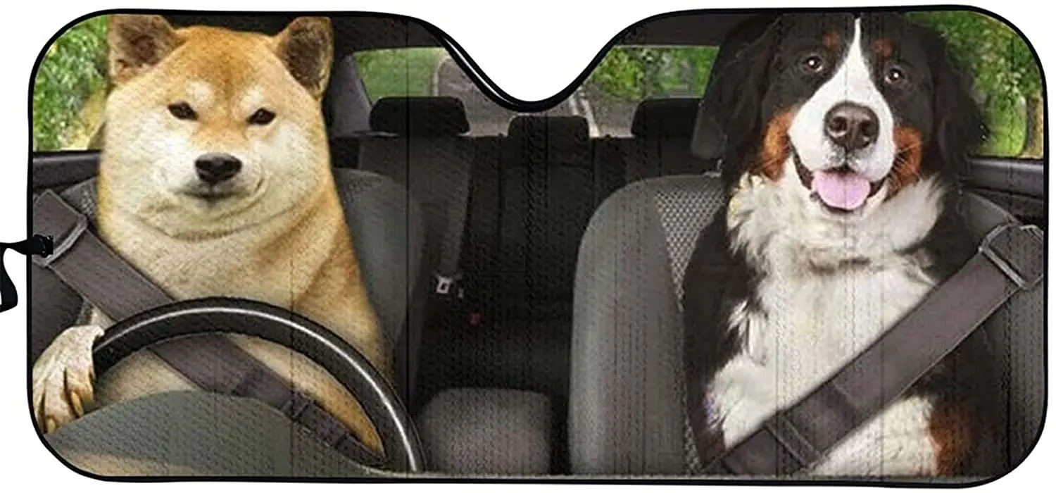 

PZZ BEACH Funny Dog Car Sunshades for Front Windshield Crazy Animals Driving Sun Shade Visor for SUV Van Sedan Trucks