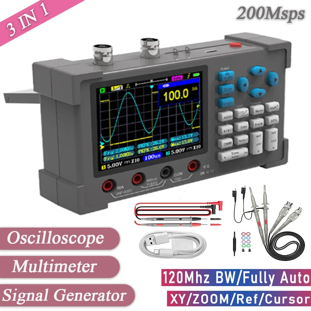Digital Oscilloscope 3in1 Oscilloscope Multimeter Signal Generator Machine 3.2inch Oscope Meter 120Mhz Bandwidth 250MSa/s Sampling Rate