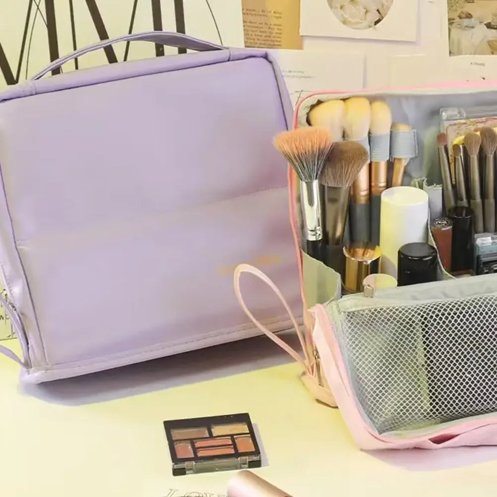Large Capacity Standing Makeup Bag Organizer - Multi-Layer Cosmetic Case with Handle, Portable Storage Pouch for Travel