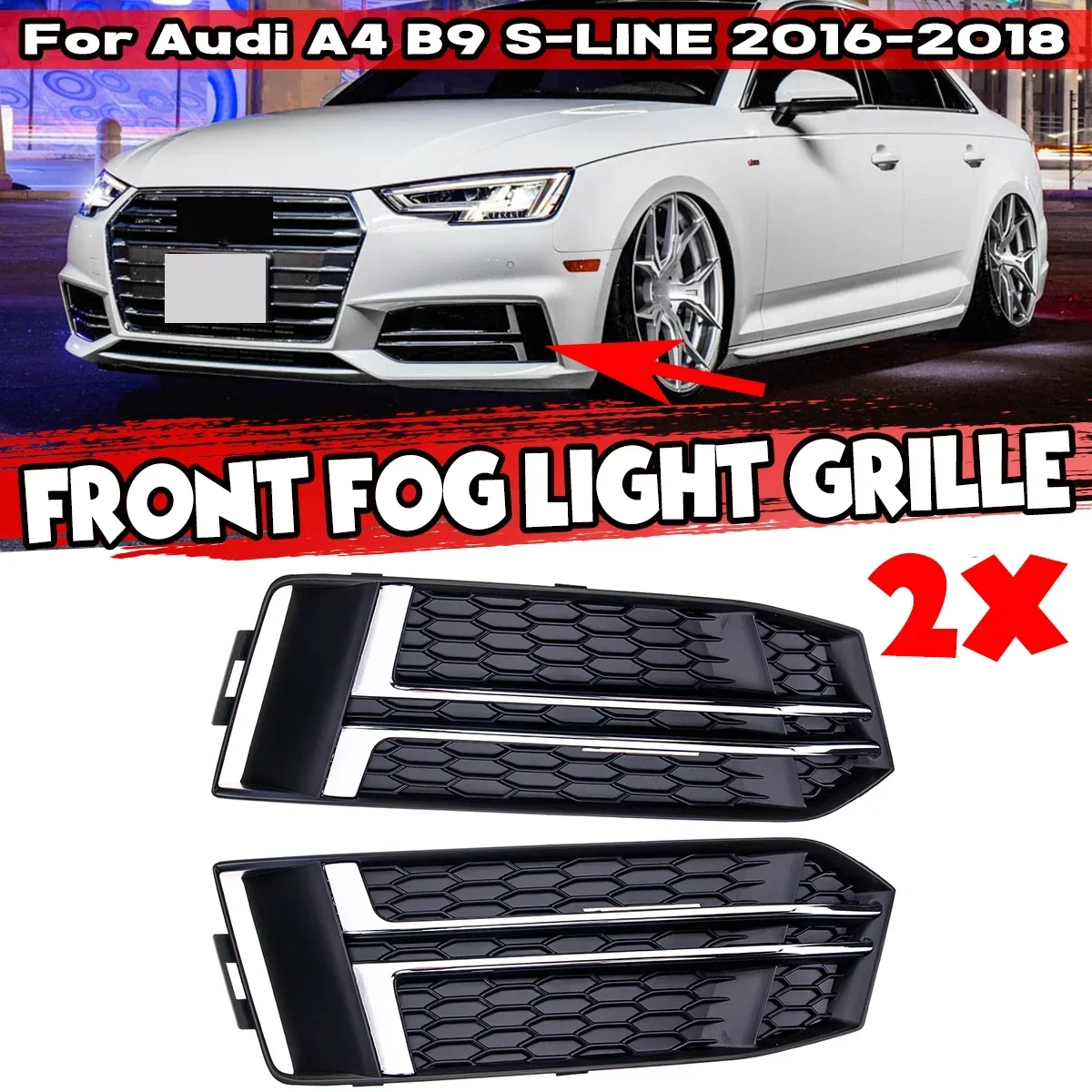 ACROPIX Fog Light Grill Covers For Audi A4 B9/S4 (2016-2018) - Black ABS, Left & Right Set