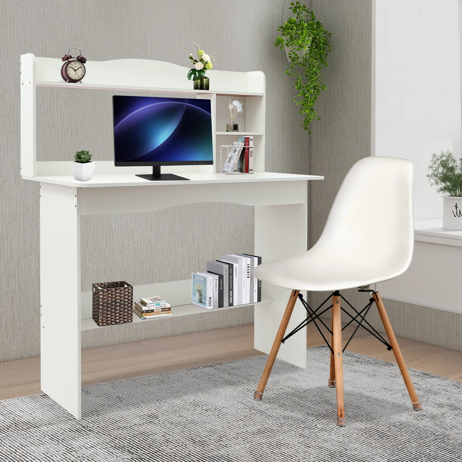 Free Standing Home Office Desk with Bookshelf, Writing Study Computer Workstation Laptop Table for Living Room, Bedroom, School 2