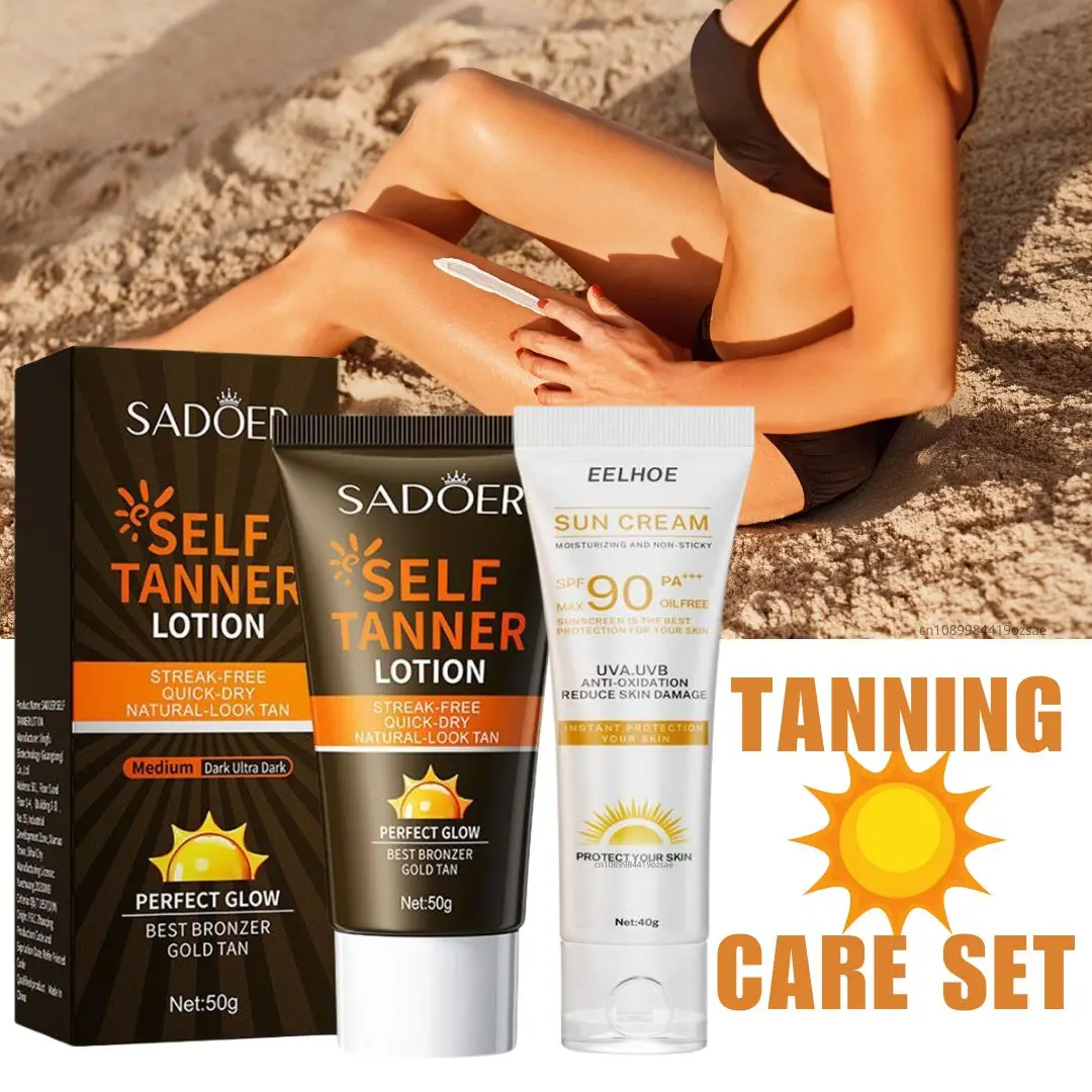 Bronze Tanning Cream & SPF90 Sunscreen Natural Glow Body Bronzer Lotion & UV Isolate Sun Block Cream Face Body Tanning Care Set