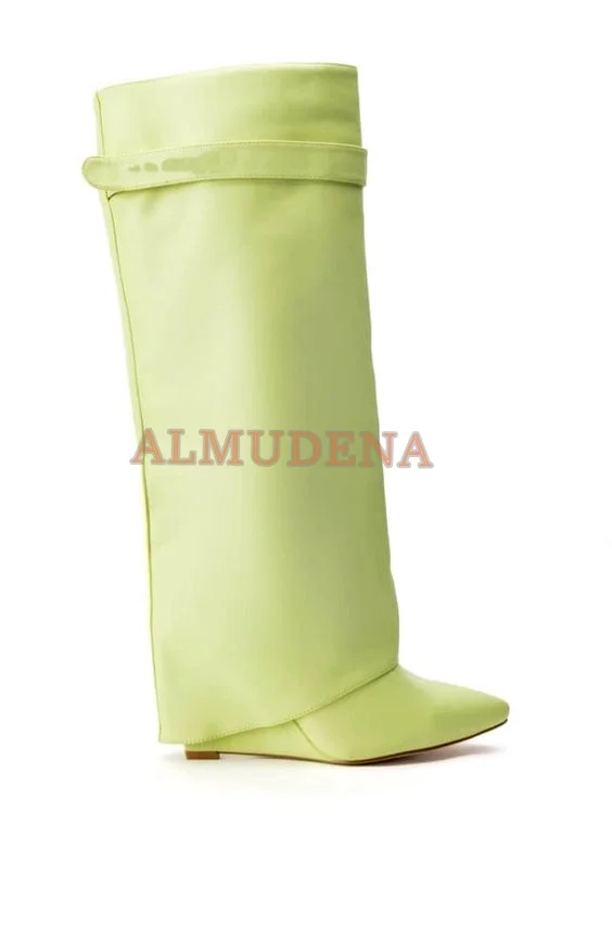 

Women Pink Leather Shark Lock Boots Wedge Heel Round Toe Knee High Boots Orange,Green Tall Boots Designer Shoes Famale