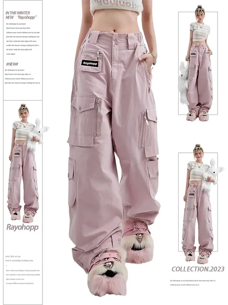 

Women's Pink Cargo Pants Vintage Harajuku Y2k Aesthetic Loose Parachute Pants Oversize High Waist Baggy Trousers 2000s Clothes