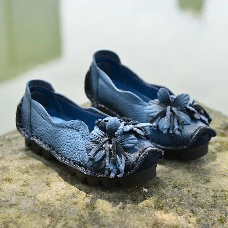 2024 Summer Genuine Leather Flats Women Soft Slip-On Flat Shoes Black Red Floral Mom Loafers Moccasin Lady Designer Shoes