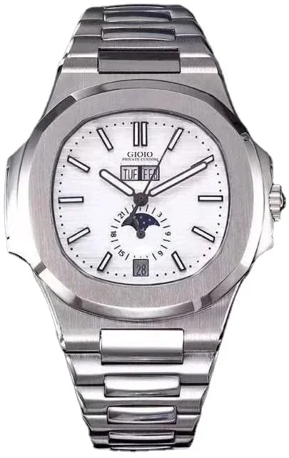 Luxury New Automatic Mechanical Men Watch Bracciale In Acciaio Inossidabile Fasi Lunari Quadrante Bianco Blu Daydate Glass Back