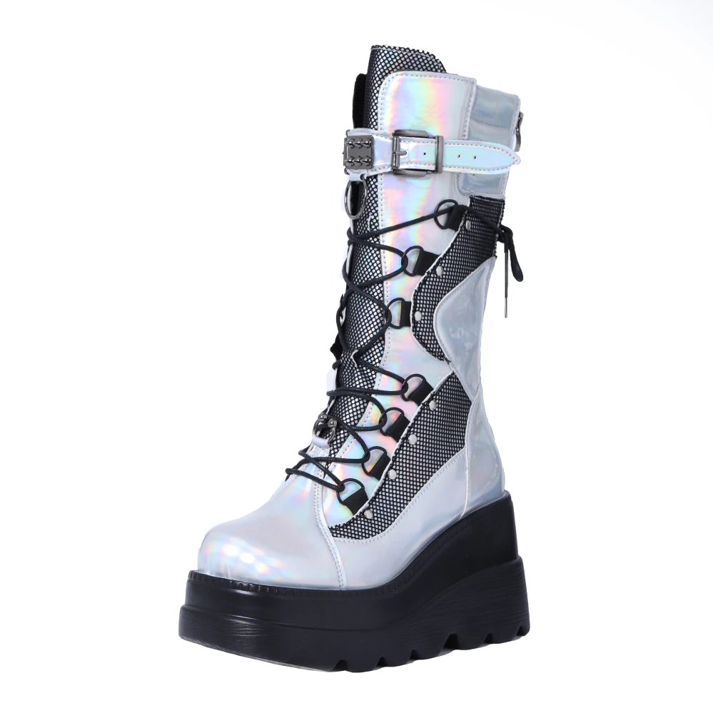 2022 Autumn Winter Sale Punk Halloween Witch Cosplay Platform High Wedges Heels Black Gothic Calf Boots Women Shoes Big Size 43 