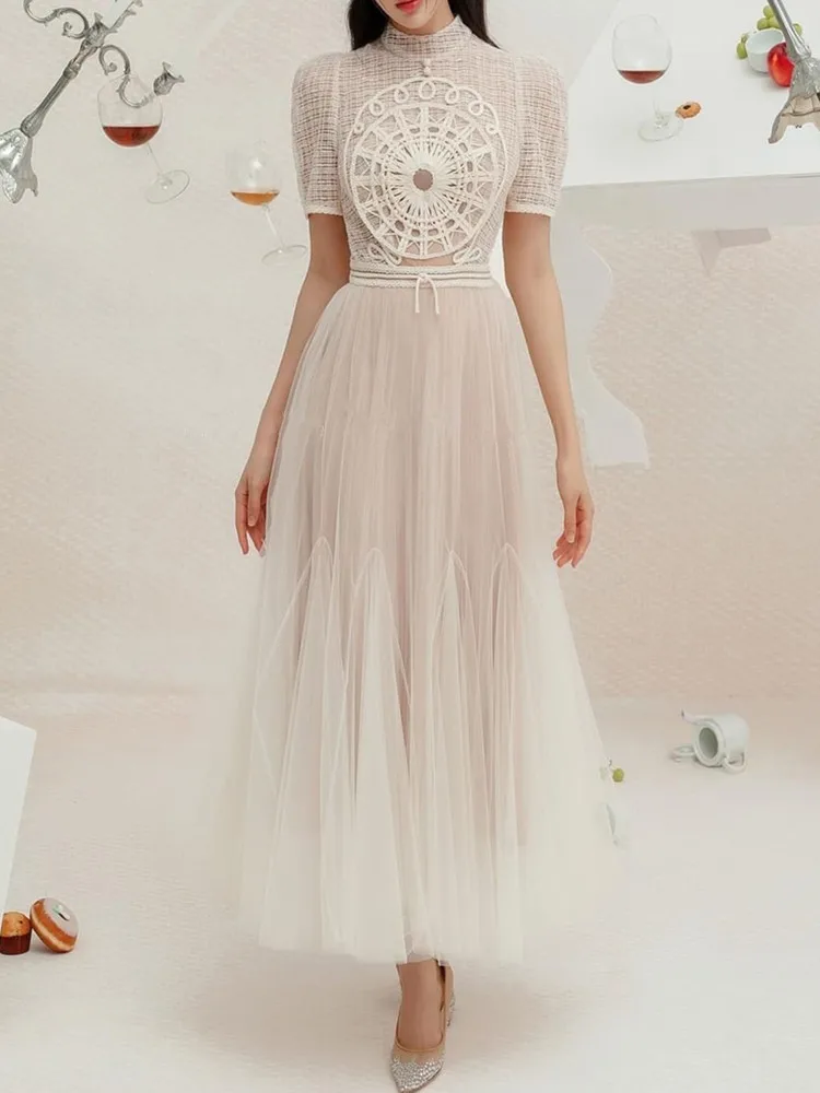 

SMTHMA Новое модное подиумное летнее платье миди для женщин с коротким рукавом великолепное Сетчатое платье с вышивкой Элегантное Вечерние Платье Vestidos