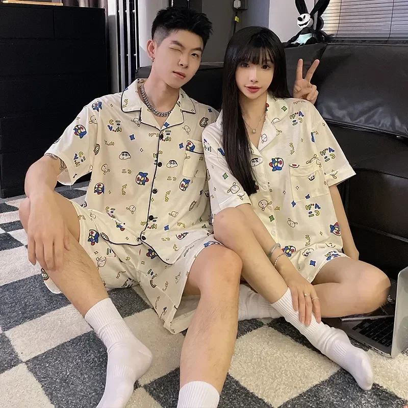 

Sleepwear Pyjama Korean Suit Cute Cotton 2023 Cartoon Summer Homewear Sleeve for Sets Clothes Couple Pajama Women Short Home Men