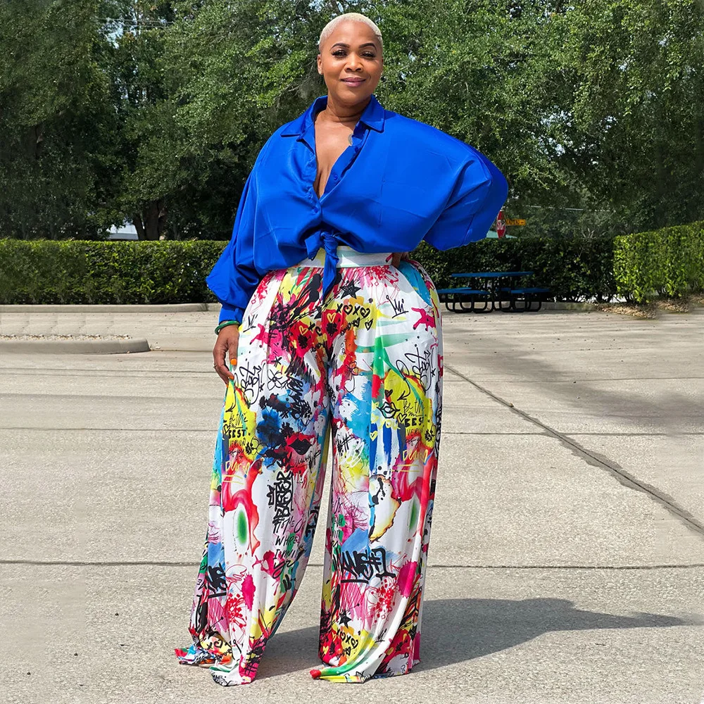 2023 Spring Women Sets Solid Shirts And Wide Leg Pants Female Formal Print Outfit Casual Luxury Cloth Lady Plus Size Sweatshirt