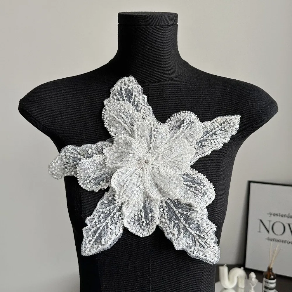 Appliques Florales 3D En Dentelle Brodée Perles Noires - Lot De 2 - Pour Couture, Robes, Décoration - 10