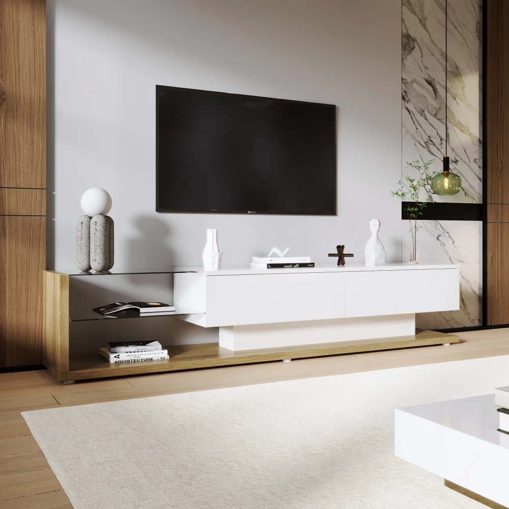 PINGGO Moderner, natürlicher, weißer Hochglanz-TV-Schrank im Landhausstil mit Glastrennwänden und variabler LED-Beleuchtung für das Wohnzimmer – Detail 7
