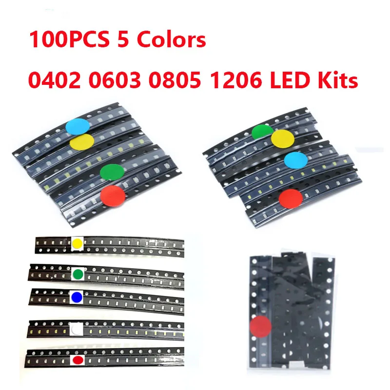 

100pcs SMD 0402 0603 0805 1206 SMD Led 5colorsX20pcs LED Electronic kit Red/Yellow/Green/Blue/WhiteLight Emitting Diode