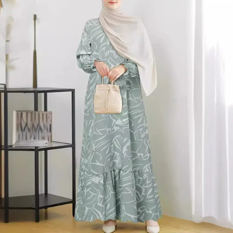 2024 Muslim Women Dress Middle East Fashion Robe Long Sleeve Geometric Print Flounce Abaya 2