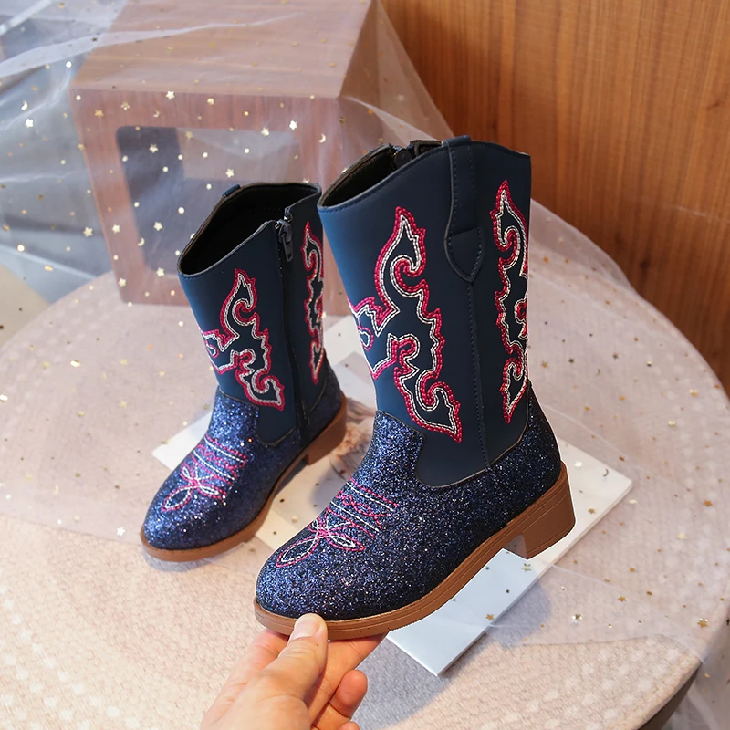 Girls Mid Calf Cowboy Boots with Sparkling Sequins for Winter