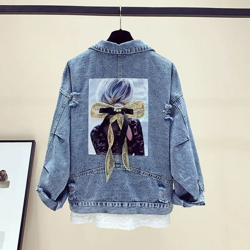 Golf Women Denim Short Jacket Embroidery Tops Cardigan Prints  Coat Bow Tie Floral Casual Outerwear Chic Clothing Loose Blue
