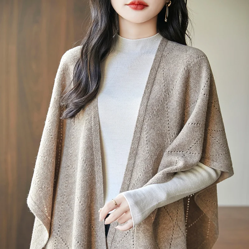 Pure Wool Shawl Cloak Women's Autumn And Winter New Shoulder Pad Neck Warm Scarf Diamond Hollow Knit Comfortable Shawl.