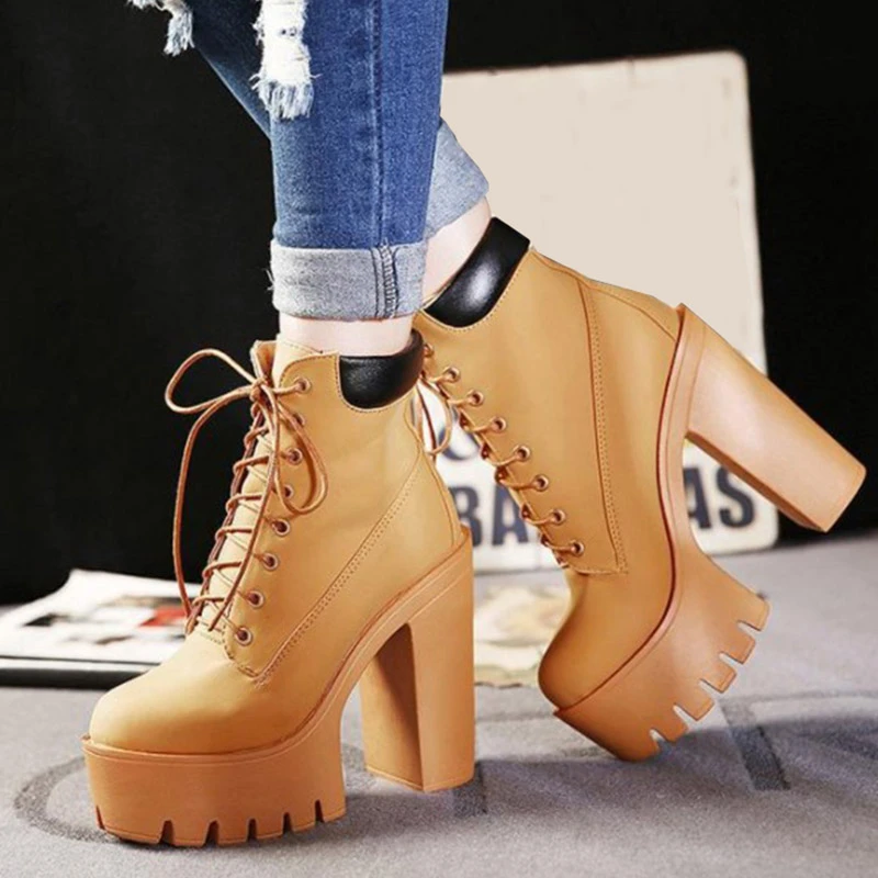 Botines de plataforma para mujer, zapatos de tacón alto grueso con cordones, informales, a la moda, Otoño, 2020|Botas el tobillo| - AliExpress