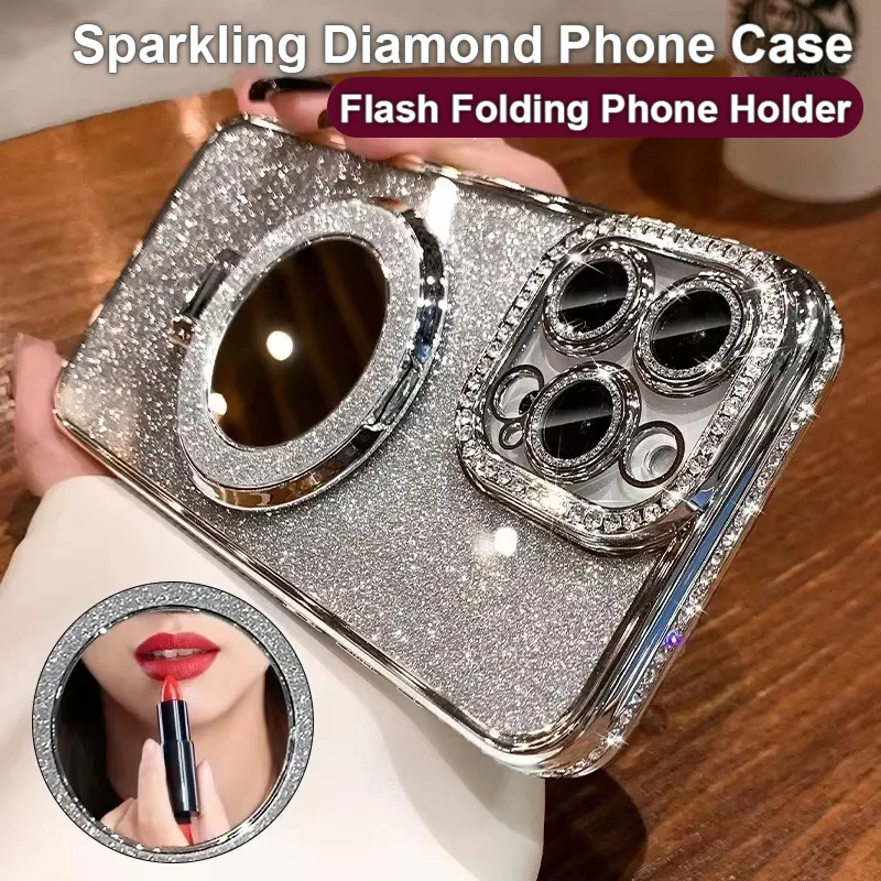 Luxury Diamond Clear Glitter Phone Case with Mirror and Magnetic Holder Stand