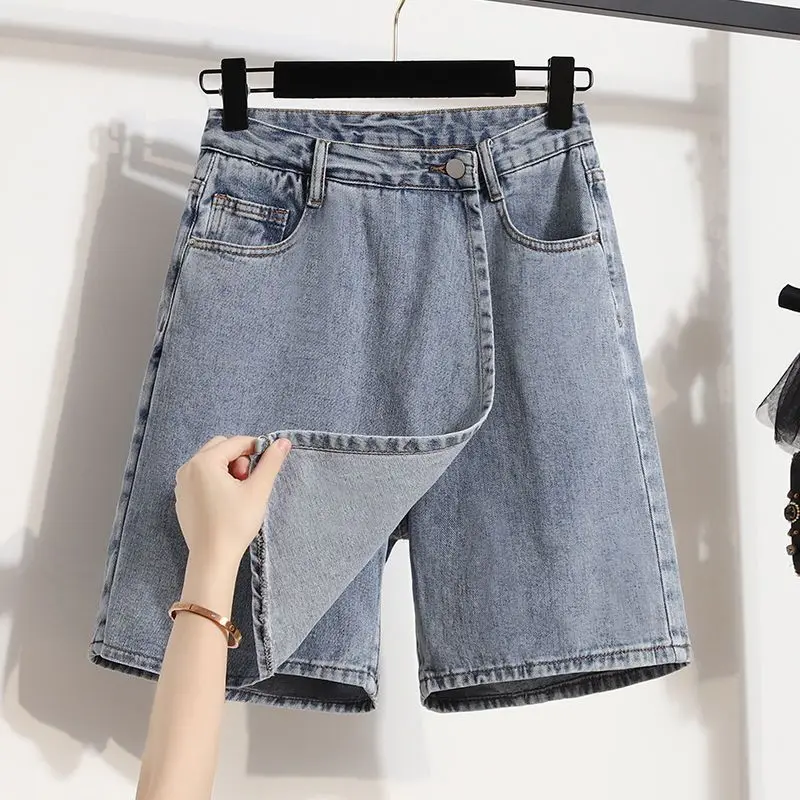 

Shorts Skirts Women Summer High-Waisted Denim Short Korean Fashion Versatile Solid Baggy Large Size Blue Straight Wide-Leg Pants
