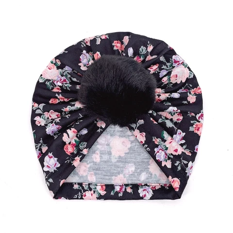 Large Faux Fur Ball Baby Toddler Turban Hat Vintage Floral Print Infant Headwrap Kids Muslim Bonnet Newborn Nursery P31B