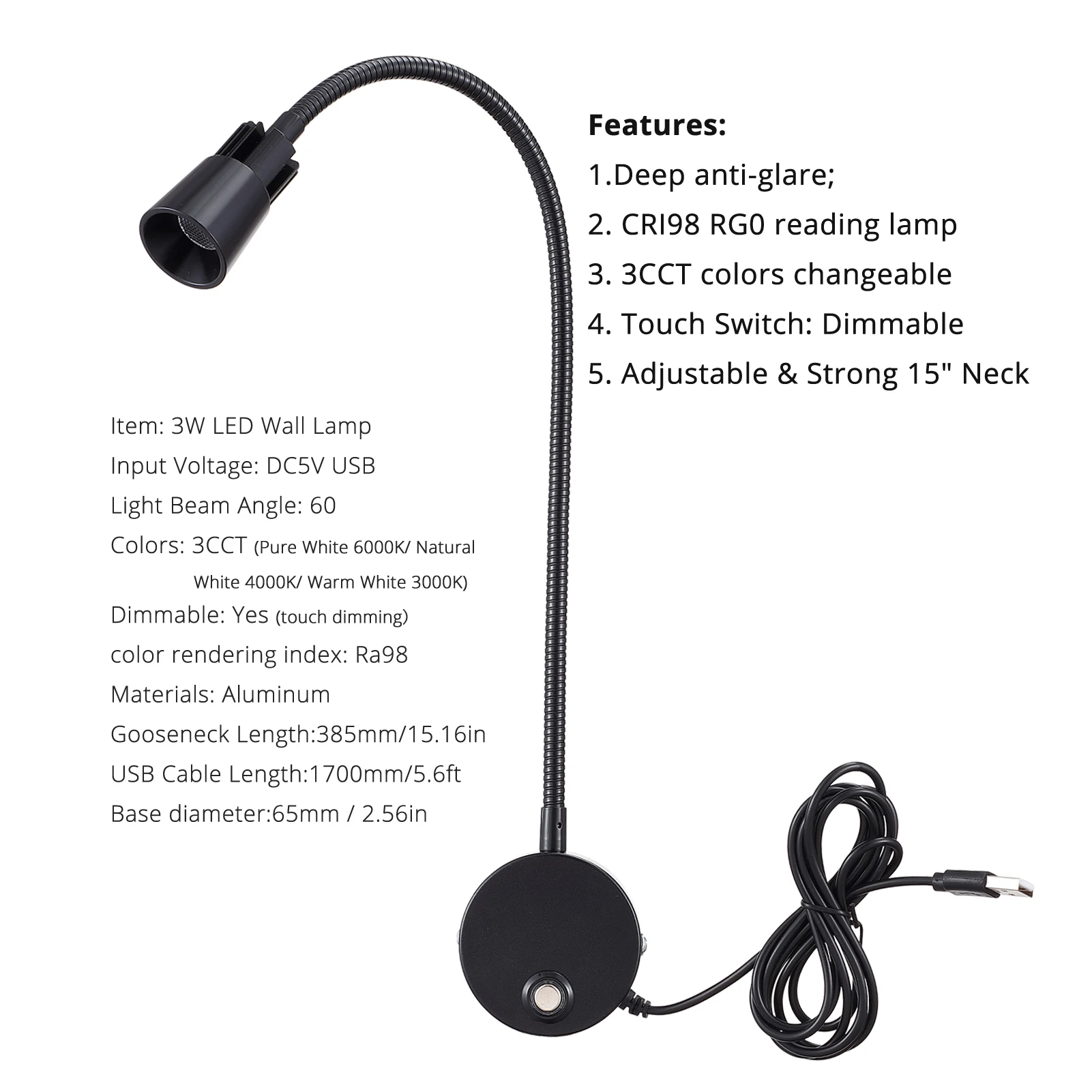 침대 소파 벽 헤드 보드 마운트 램프, 독서등 장식, 5V USB, 3 색, DIM CRI98 재봉틀, 수공 스포트라이트, 2 팩