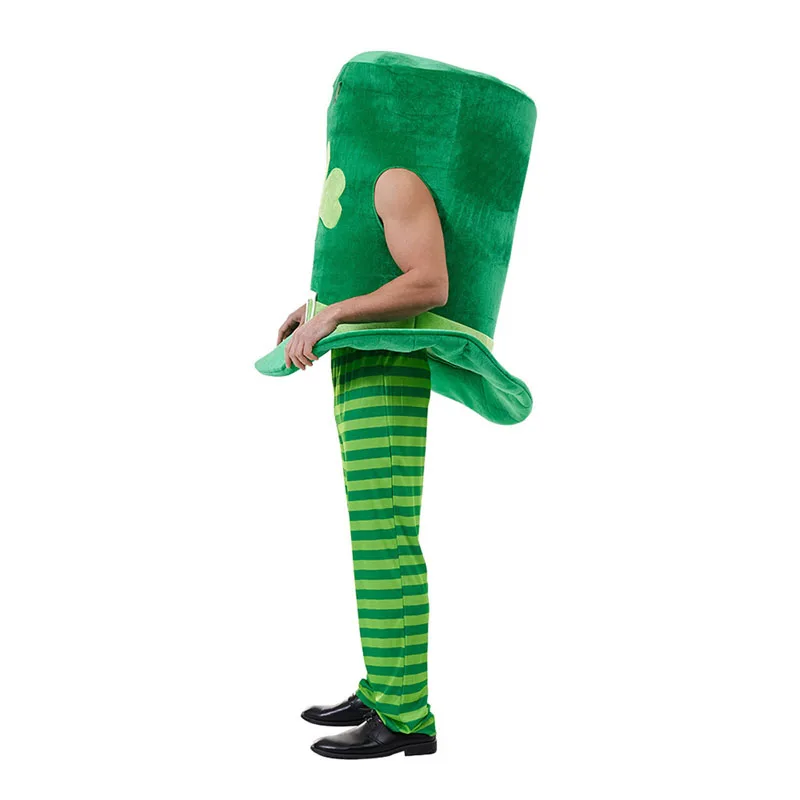 Green St Patrick s Day Costume Set with Leprechaun Hat Sleeveless Top and Striped Print Pants for Cosplay