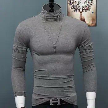 2025 Autumn Winter Men's High Neck T-shirt Slim Fit Fashion High Elastic Long Sleeve Cotton Casual Breathable Apparel Pullover
