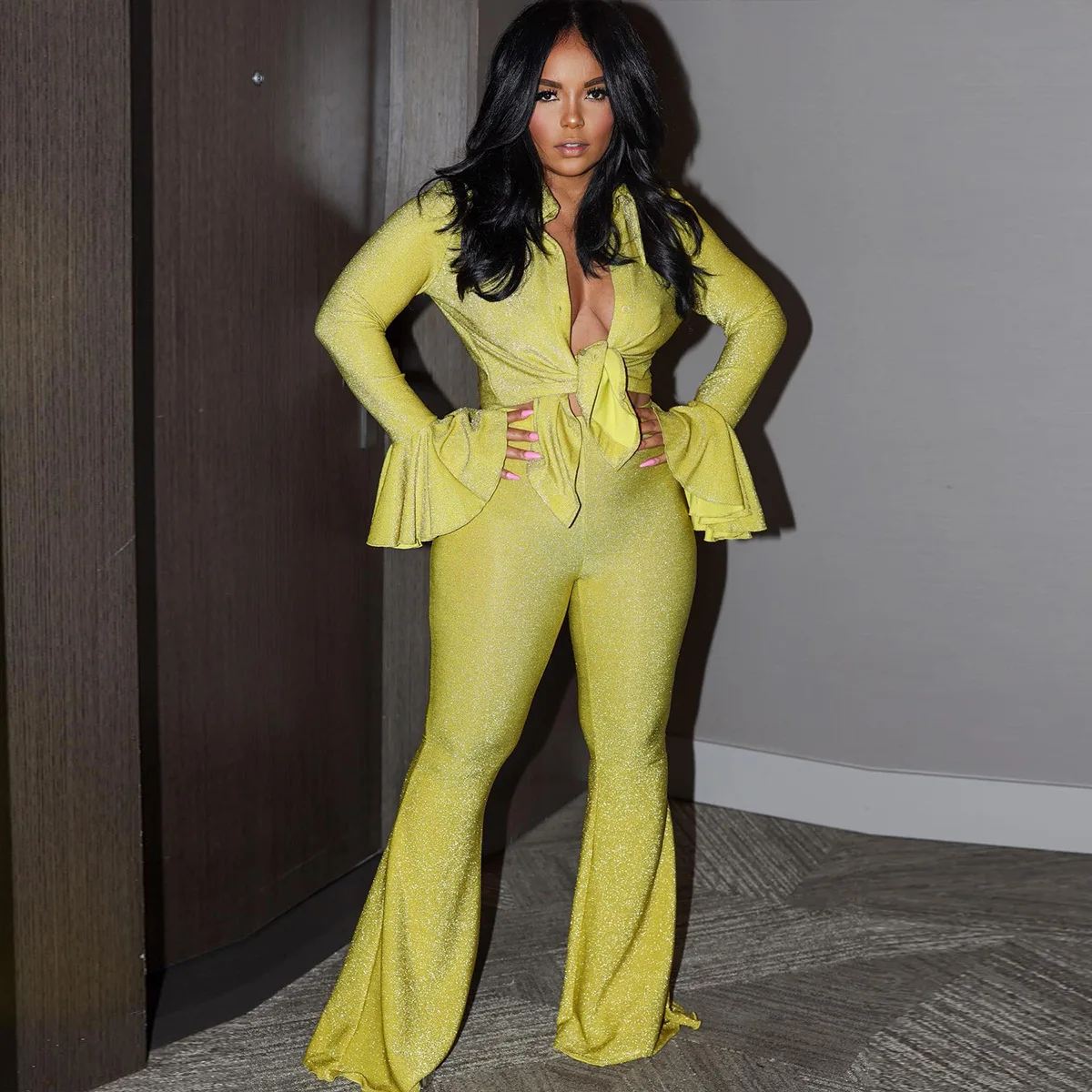 Женские комплекты из двух предметов, рубашка с длинным рукавом на шнуровке и узкие расклешенные брюки с высокой талией, женский осенний костюм, сексуальный праздничный костюм