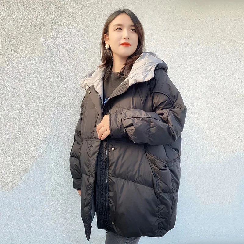 Pregnant mother loose large size down jacket 120kg fat coat in the long contrast color hooded white duck down wear for women