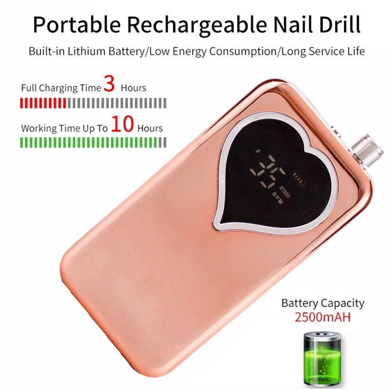 Nail Drill Rechargeable For Manicure drill para unas 35000 RPM Heart Portable Desktop Coldless Adjust Speed Low Noise Nail Drill 4