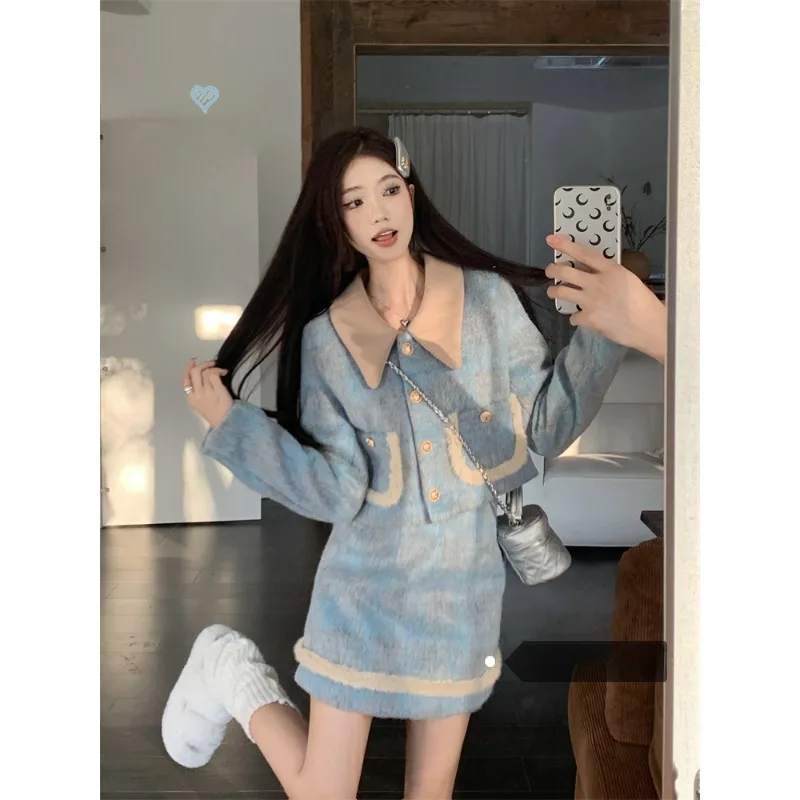 

Temperament Plaid Woolen Coat Skirt Two-piece Set Women Contrast Color Lapel Plush Splice Thick Winter Celebrity Chic Slim Suit