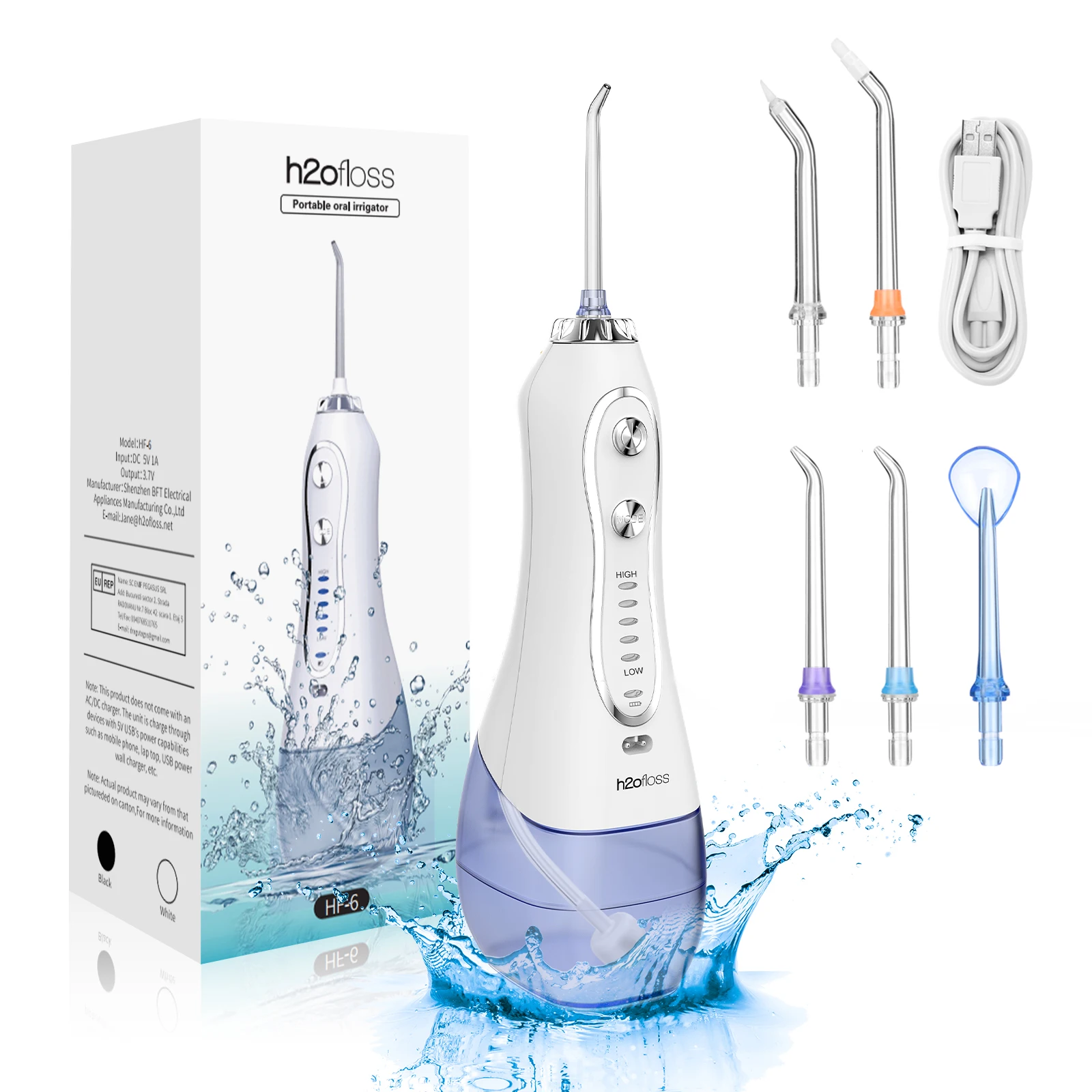 

H2ofloss Water Dental Flosser Portable Oral Irrigator Rechargeable Teeth Clean for Home and Travel 5 Modes Braces Waterproof